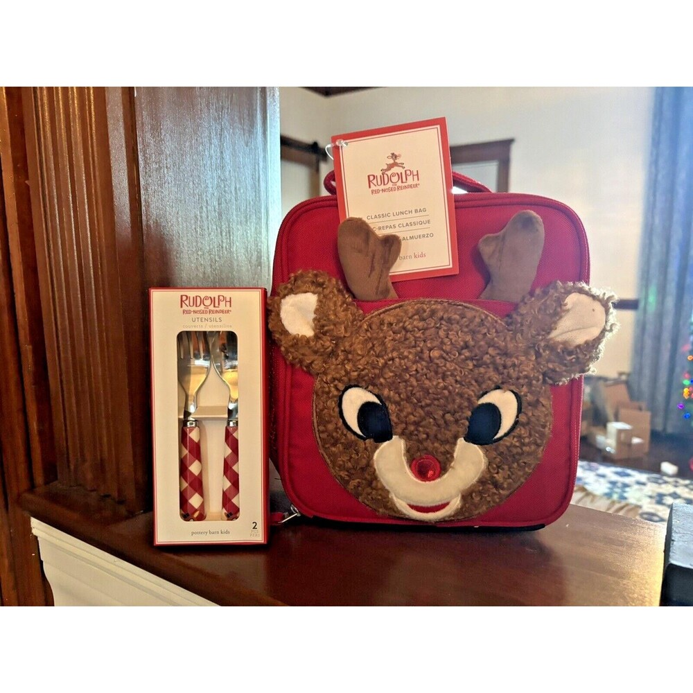 School Pottery barn Christmas holiday RUDOLPH LUNCH BOX BAG+Utensil gift pre /